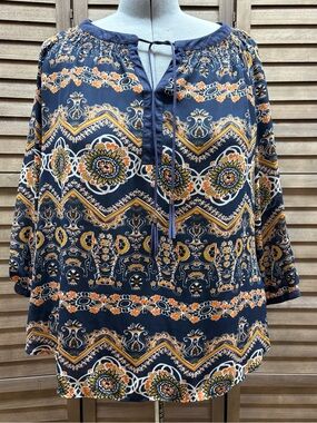 Zac & Rachel Navy Peasant Tunic with Mustard and White Medallions